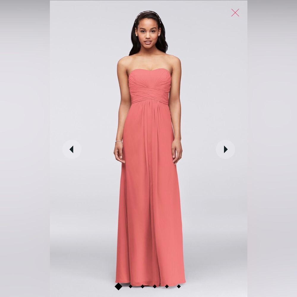 Coral, strapless dress from David’s Bridal